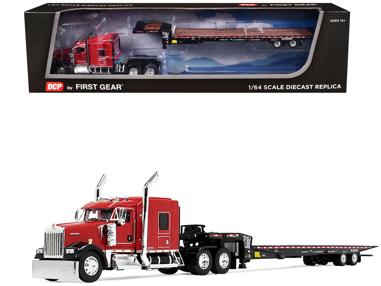 Kenworth W900L with 72" AeroCab Sleeper and Landoll 440B50CA Traveling Axle Trailer Viper Red and Black 1/64 Diecast Model by DCP/First Gear  free shipping USA