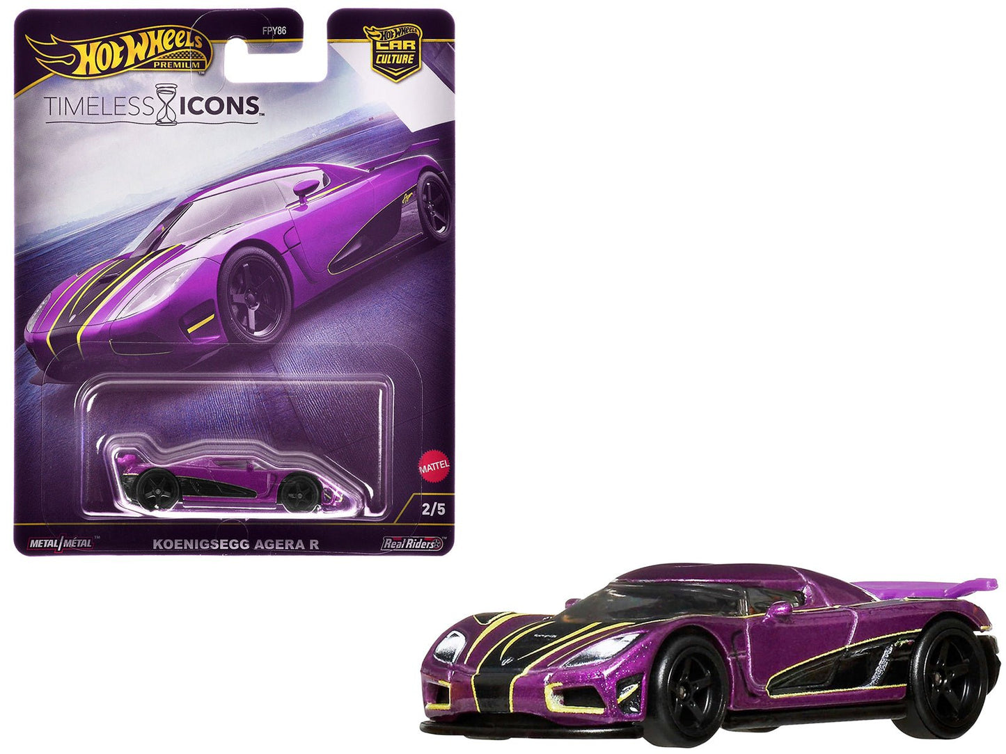 Koenigsegg Agera R Purple Metallic with Black and Yellow Stripes "Timeless Icons" Series Diecast Model Car by Hot Wheels  free shipping USA