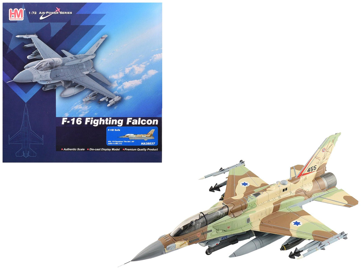 Lockheed F-16I Fighting Falcon Fighter Aircraft "455 Sufa 119 Squadron The Bat" Israeli Air Force "Air Power Series" 1/72 Diecast Model by Hobby Master  free shipping USA