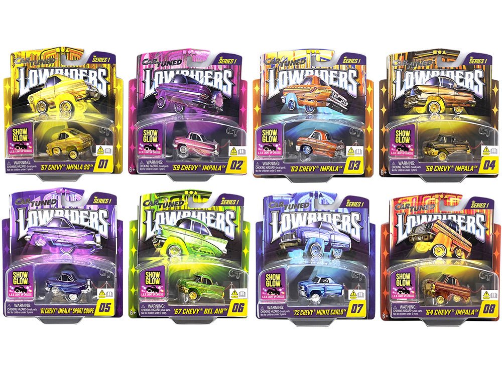 "Lowriders Show Glow" Series 1 Set of 8 Pieces Diecast Model Cars by CarTuned  free shipping USA