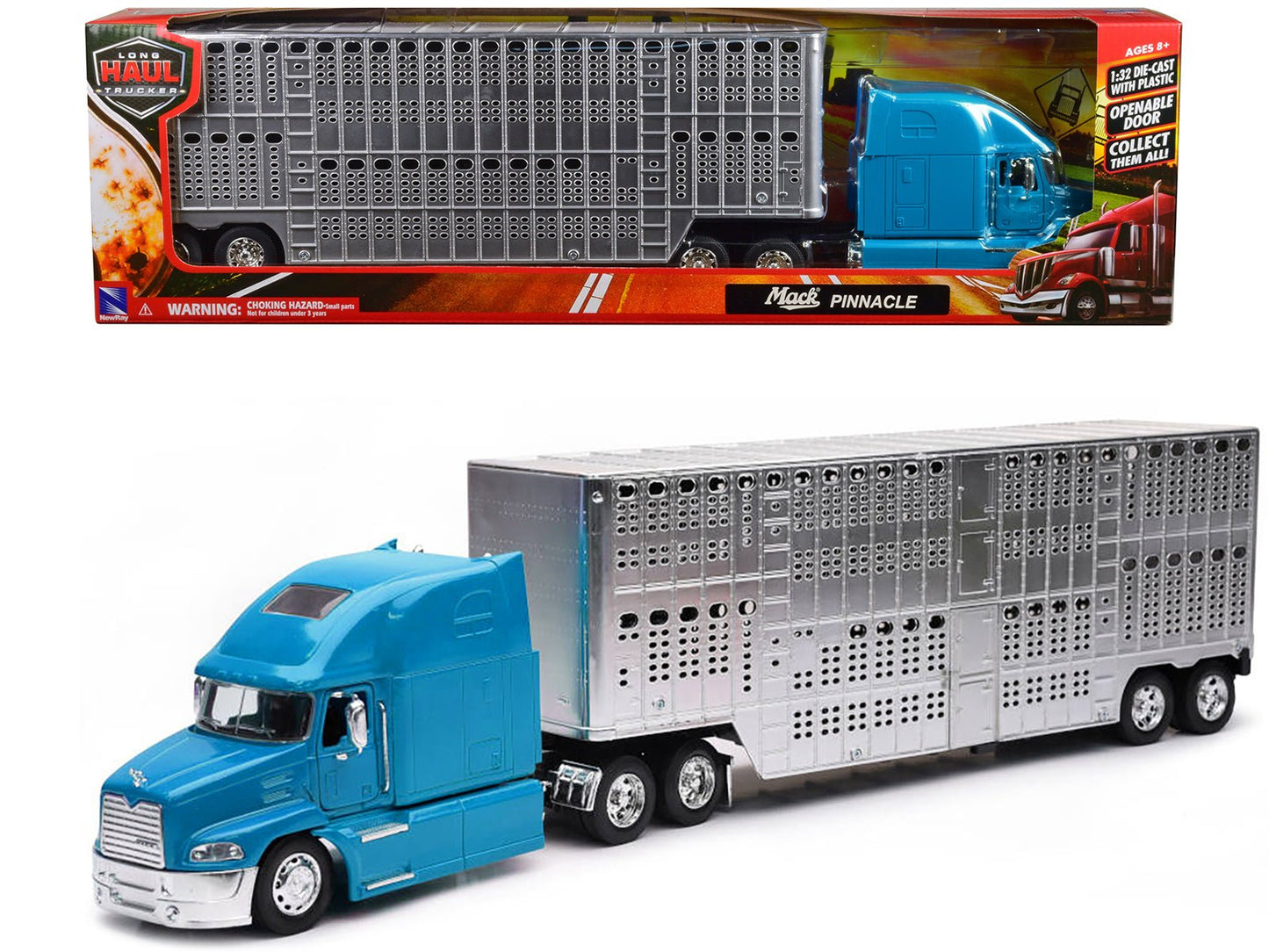 Mack Pinnacle Truck with Pot Belly Livestock Trailer Blue and Chrome "Long Haul Truckers" Series 1/32 Diecast Model by New Ray  free shipping USA