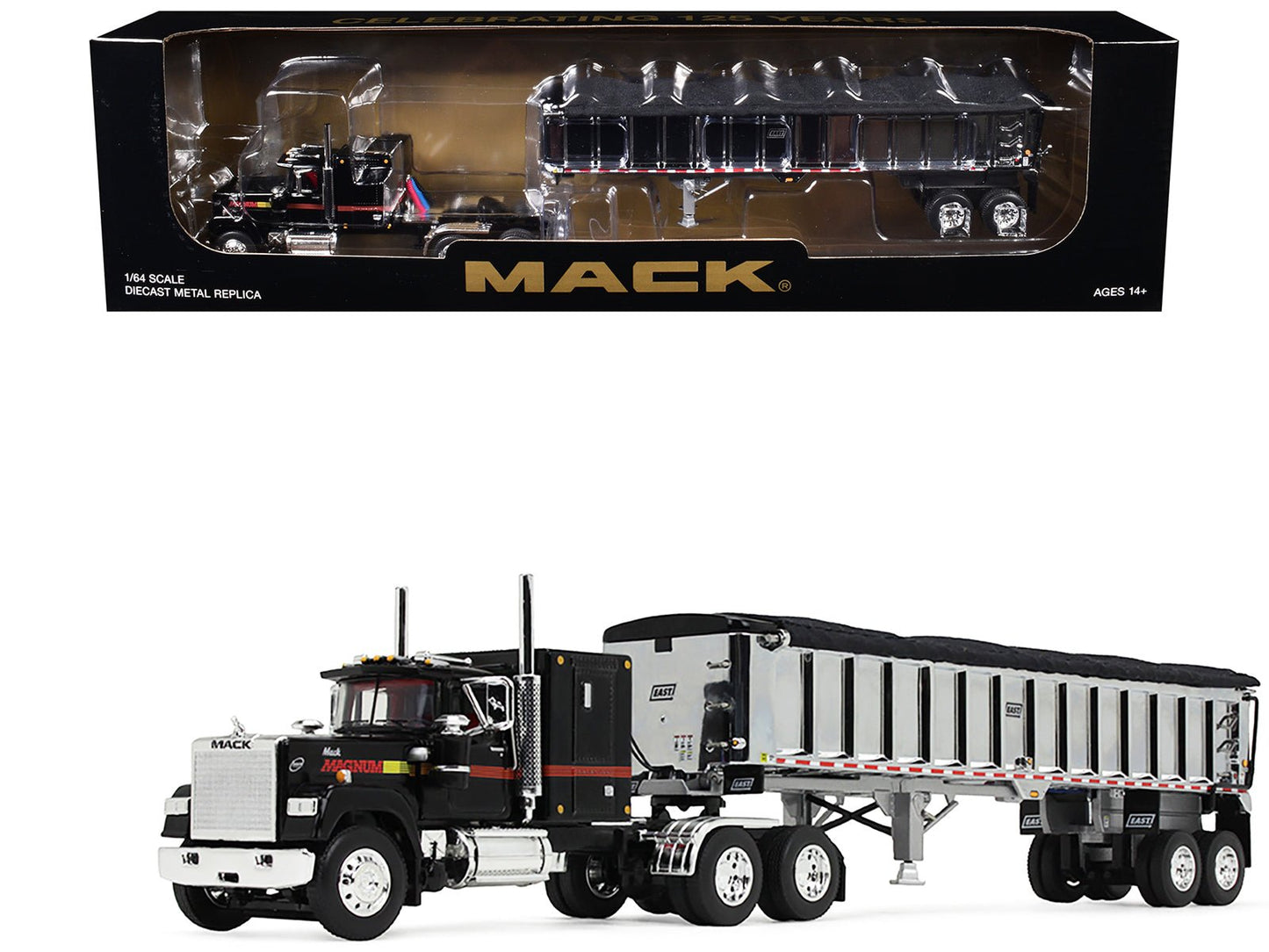 Mack Super-Liner with 60" Flat Top Sleeper and East End Dump Trailer Black 1/64 Diecast Model by DCP/First Gear  free shipping USA