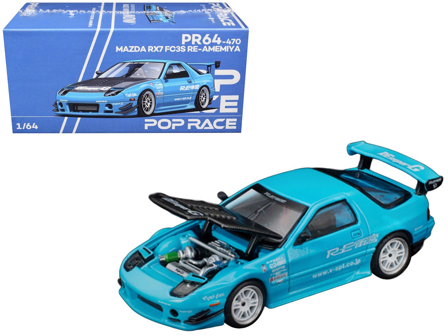 Mazda RX7 (FC3S) RE Amemiya RHD (Right Hand Drive) Light Blue with Carbon Hood "Tokyo Auto Salon 2026" 1/64 Diecast Model Car by Pop Race  free shipping USA