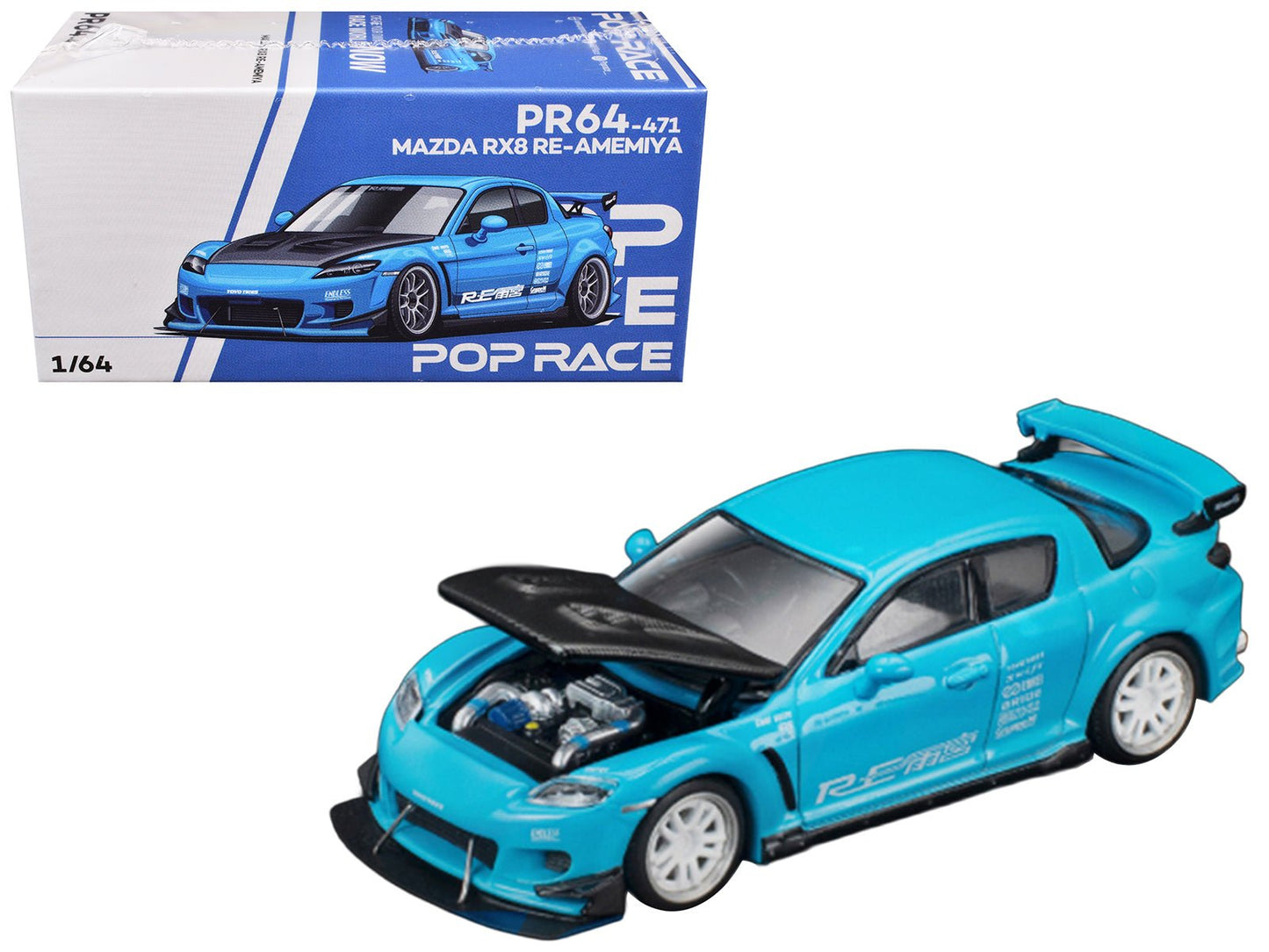 Mazda RX8 RE Amemiya RHD (Right Hand Drive) Light Blue with Carbon Hood "Tokyo Auto Salon 2026" 1/64 Diecast Model Car by Pop Race  free shipping USA