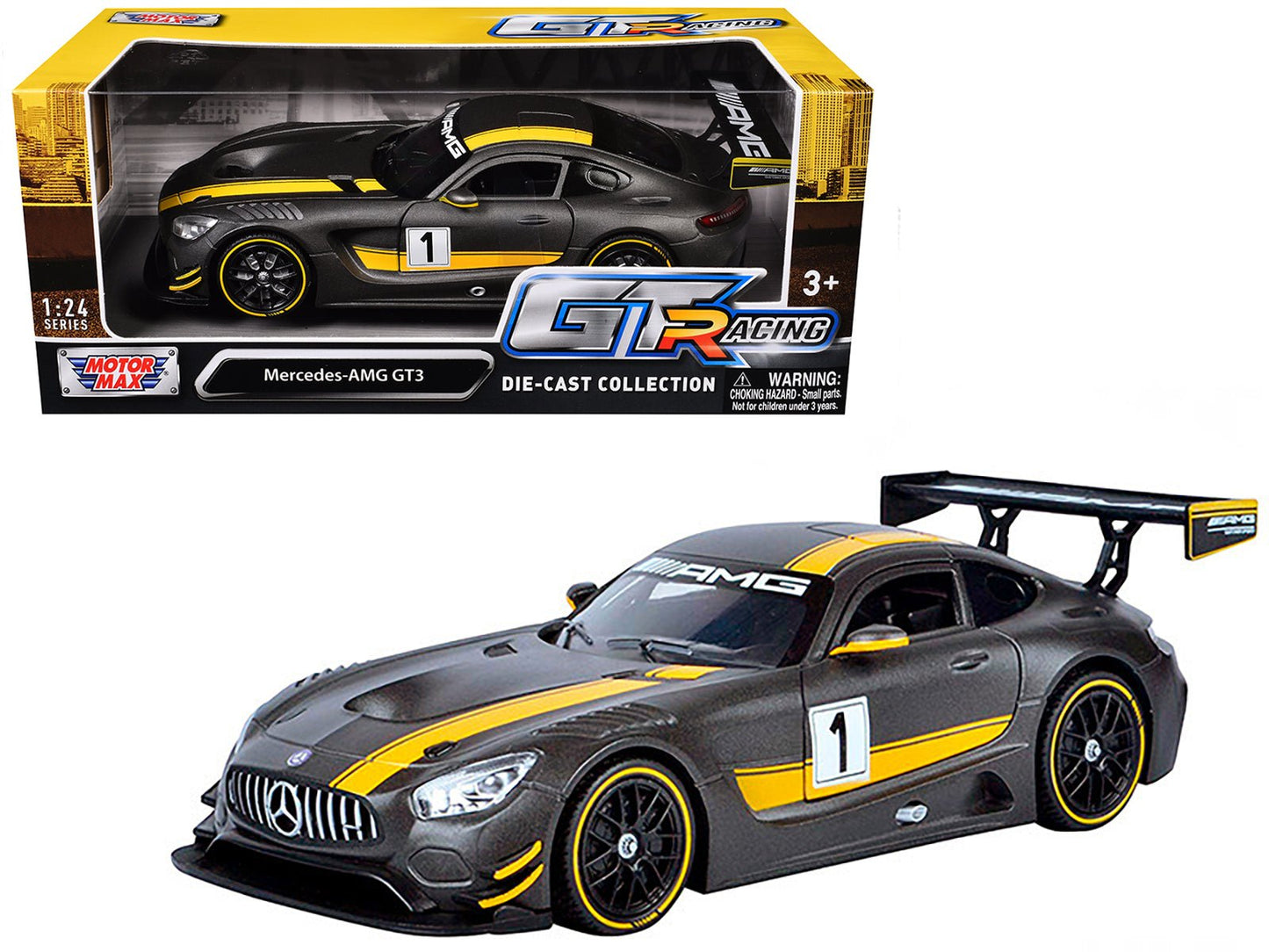 Mercedes AMG GT3 #1 Matt Gray with Yellow Stripes "GT Racing" 1/24 Diecast Model Car by Motormax  free shipping USA