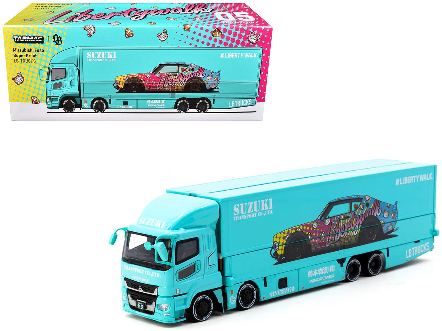 Mitsubishi Fuso Truck with Transporter "Liberty Walk - Suzuki Transport" Light Blue with Graphics "Truck64" Series 1/64 Diecast Model Car by Tarmac Works  free shipping USA