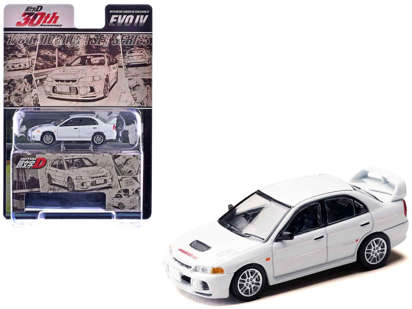 Mitsubishi Lancer RS Evolution IV RHD (Right Hand Drive) "MonStar" White "Initial D" (1995-2013) Manga "Diorama Set Series" 1/64 Diecast Model car by Hobby Japan  free shipping USA