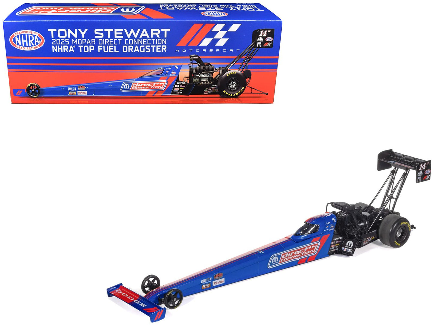NHRA TFD (Top Fuel Dragster) #14TF Tony Stewart "MOPAR Direct Connection" Blue and Red (2025) 1/24 Diecast Model by Auto World  free shipping USA
