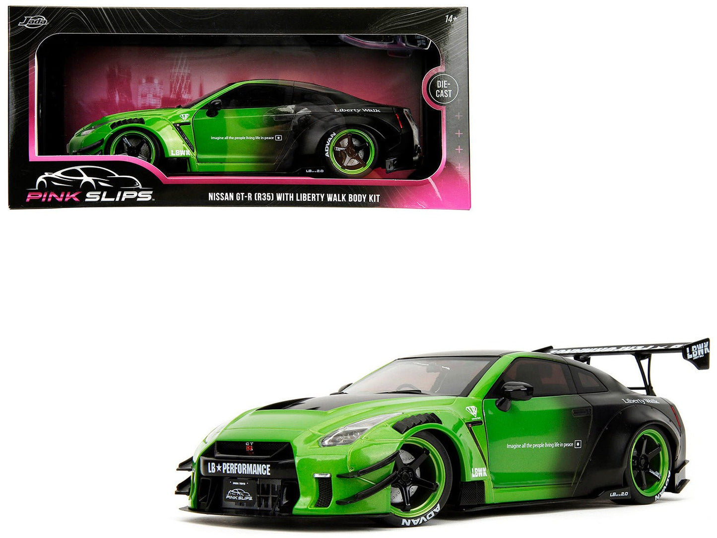 Nissan GT-R (R35) Liberty Walk Body Kit 2.0 RHD (Right Hand Drive) Green and Matt Black "Pink Slips" Series 1/18 Diecast Model Car by Jada  free shipping USA