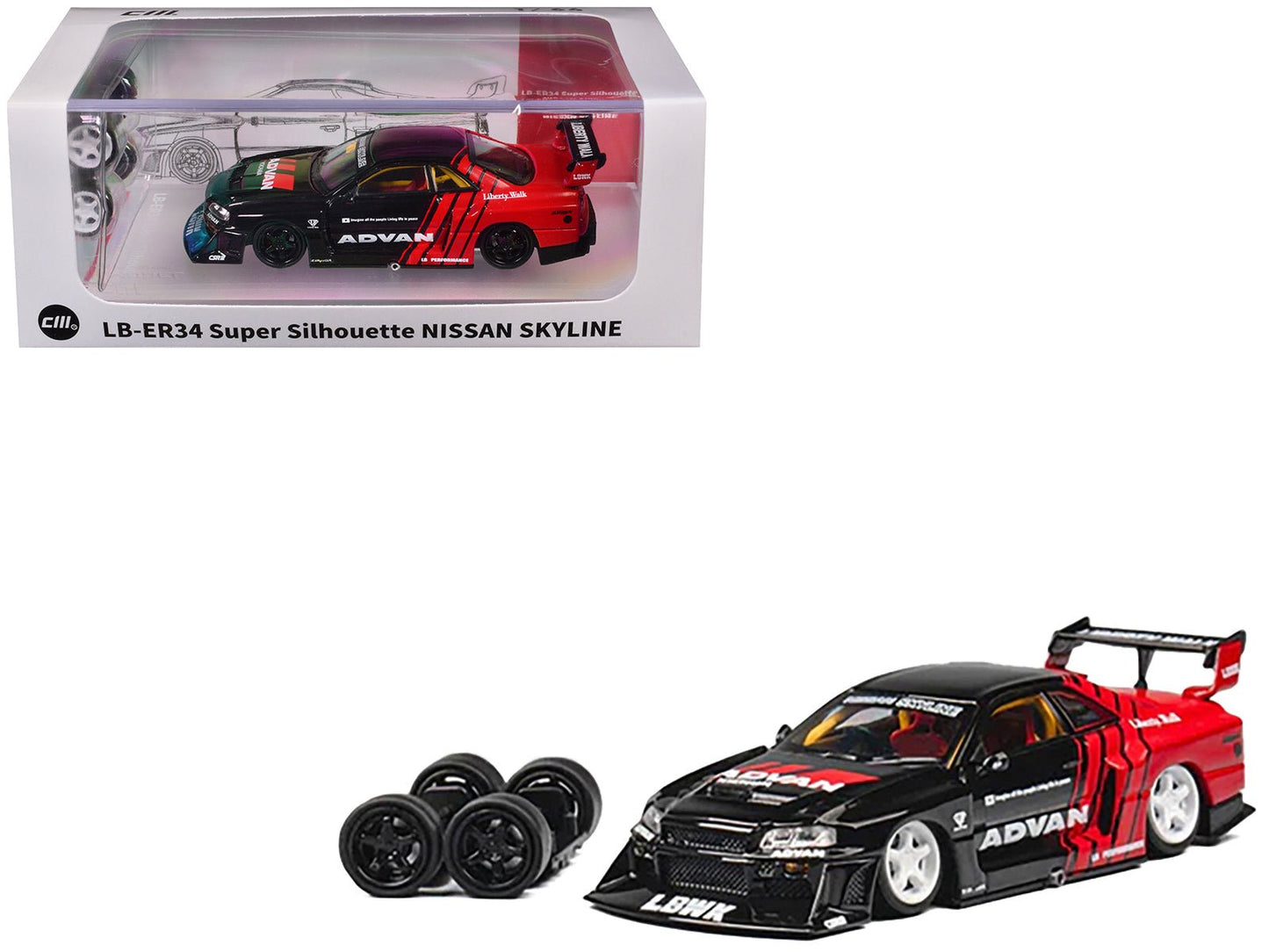 Nissan Skyline LB-ER34 "Super Silhouette" RHD (Right Hand Drive) "ADVAN" Black and Red with Extra Wheels 1/64 Diecast Model Car by CM Model  free shipping USA