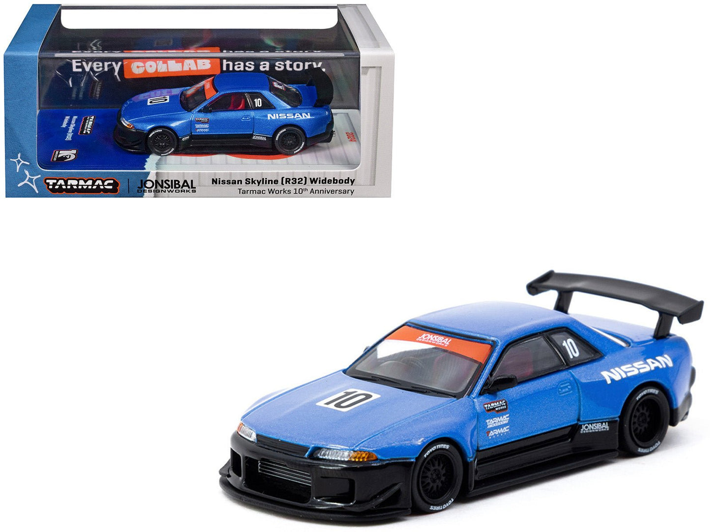 Nissan Skyline (R32) Widebody RHD (Right Hand Drive) #10 "Tarmac Works 10th Anniversary" Blue Metallic "Global64" 1/64 Diecast Model Car by Tarmac Works  free shipping USA