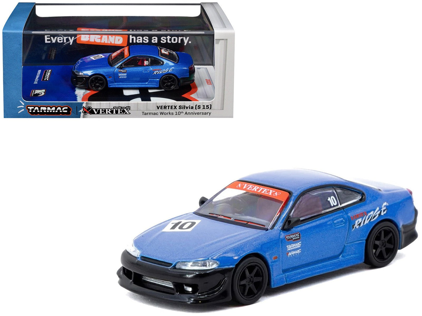 Nissan Vertex Silvia (S15) RHD (Right Hand Drive) #10 "Tarmac Works 10th Anniversary" Blue Metallic "Global64" 1/64 Diecast Model Car by Tarmac Works  free shipping USA