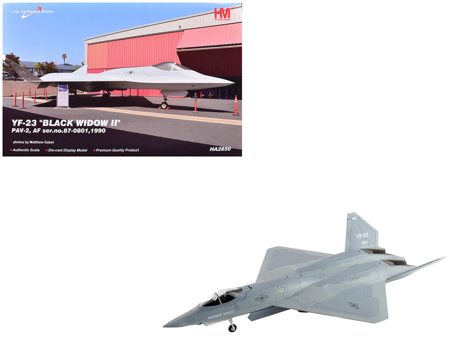 Northrop YF-23 Black Widow II Stealth Fighter Aircraft "#87-0801 PAV-2" (1990) United States Air Force "Air Power Series" 1/72 Diecast Model by Hobby Master  free shipping USA