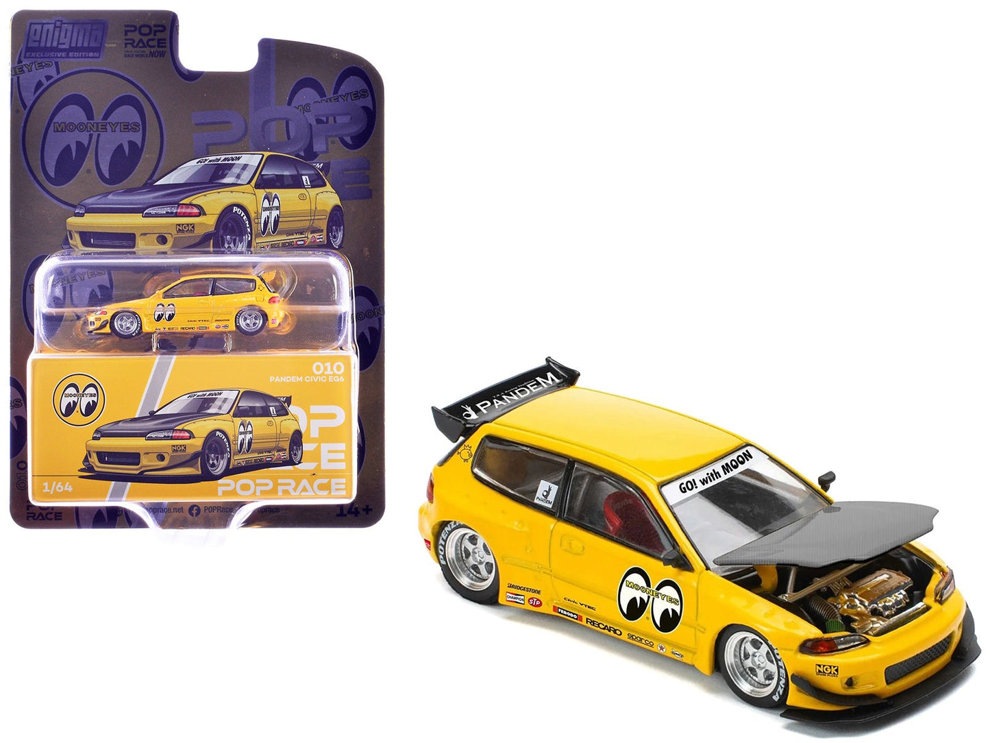 Pandem Civic EG6 RHD (Right Hand Drive) "Mooneyes" Yellow with Carbon Hood "Enigma Exclusive Edition" 1/64 Diecast Model Car by Pop Race  free shipping USA