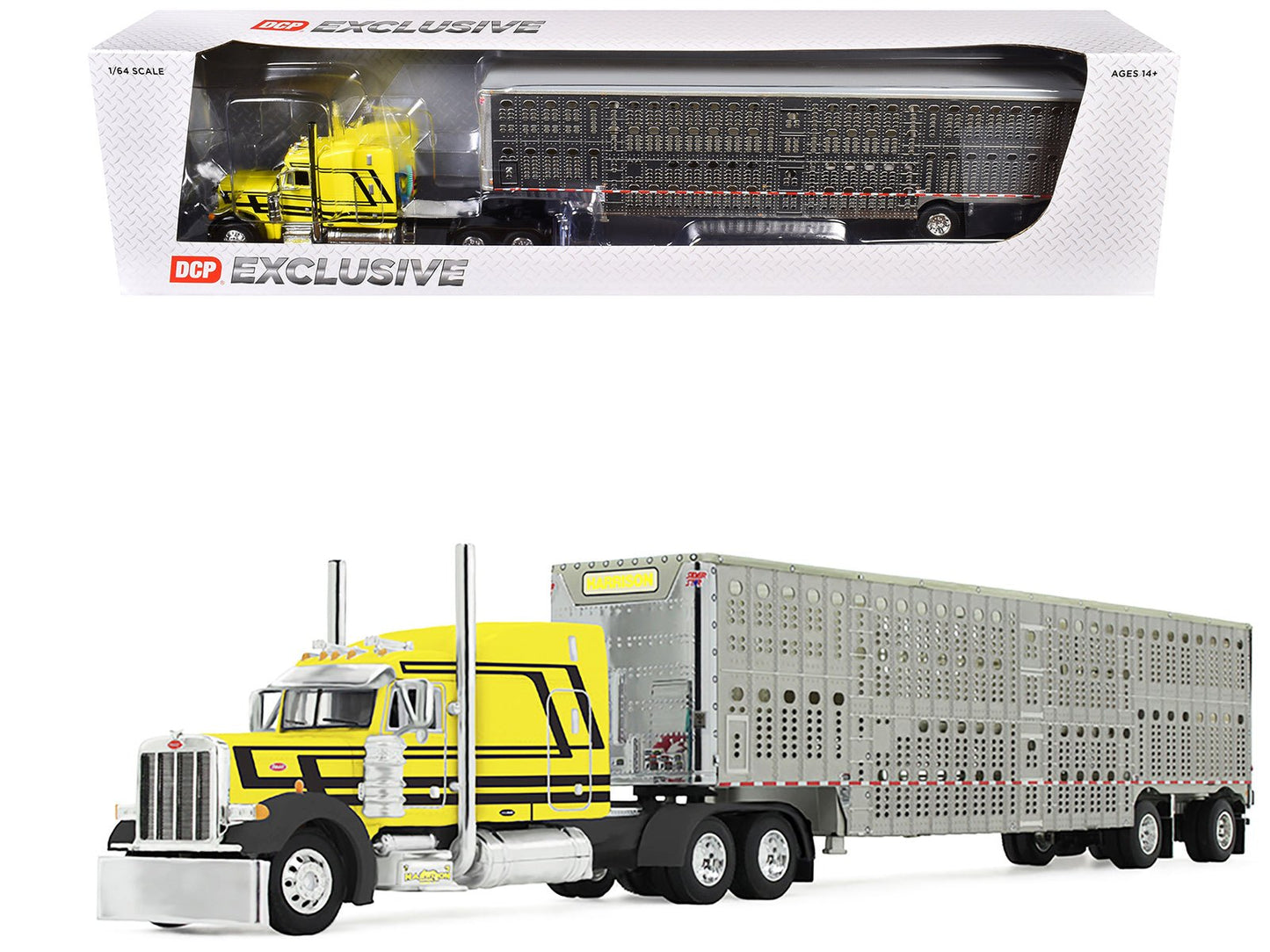 Peterbilt 379 with 63" Mid-Roof Sleeper and Wilson Silverstar Livestock Trailer "Harrison Trucking" Yellow with Black Stripes 1/64 Diecast Model by DCP/First Gear  free shipping USA