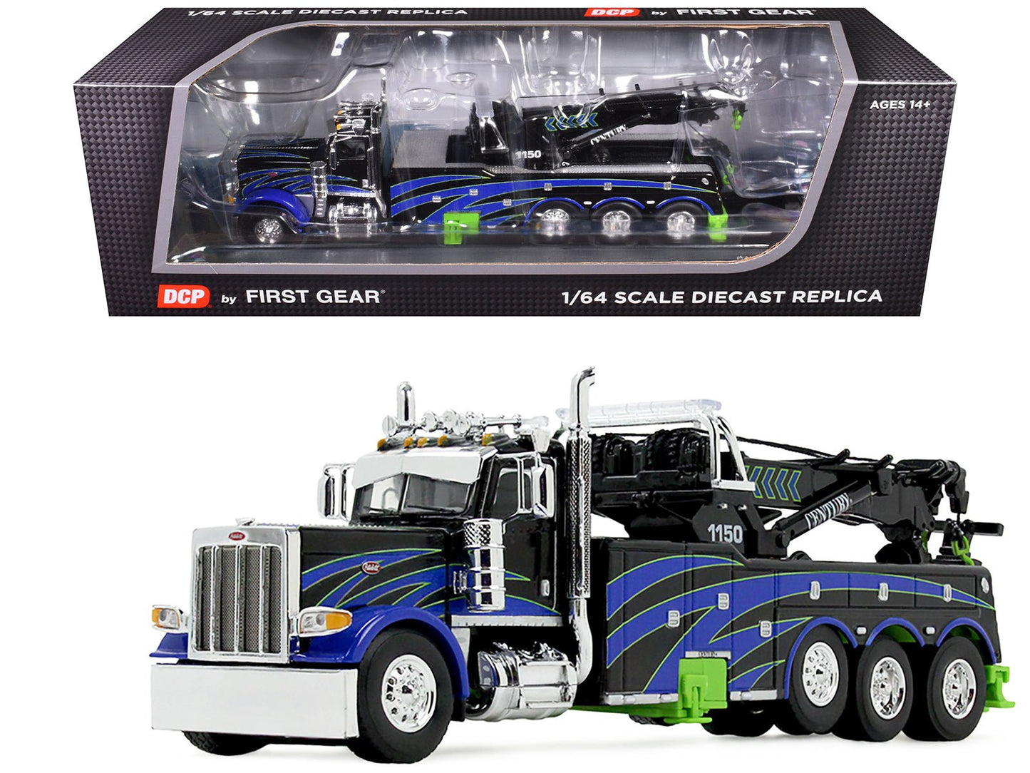 Peterbilt 389 Day Cab with Miller Century 1150 Rotator Wrecker Tow Truck Black with Blue and Green Graphics 1/64 Diecast Model by DCP/First Gear  free shipping USA