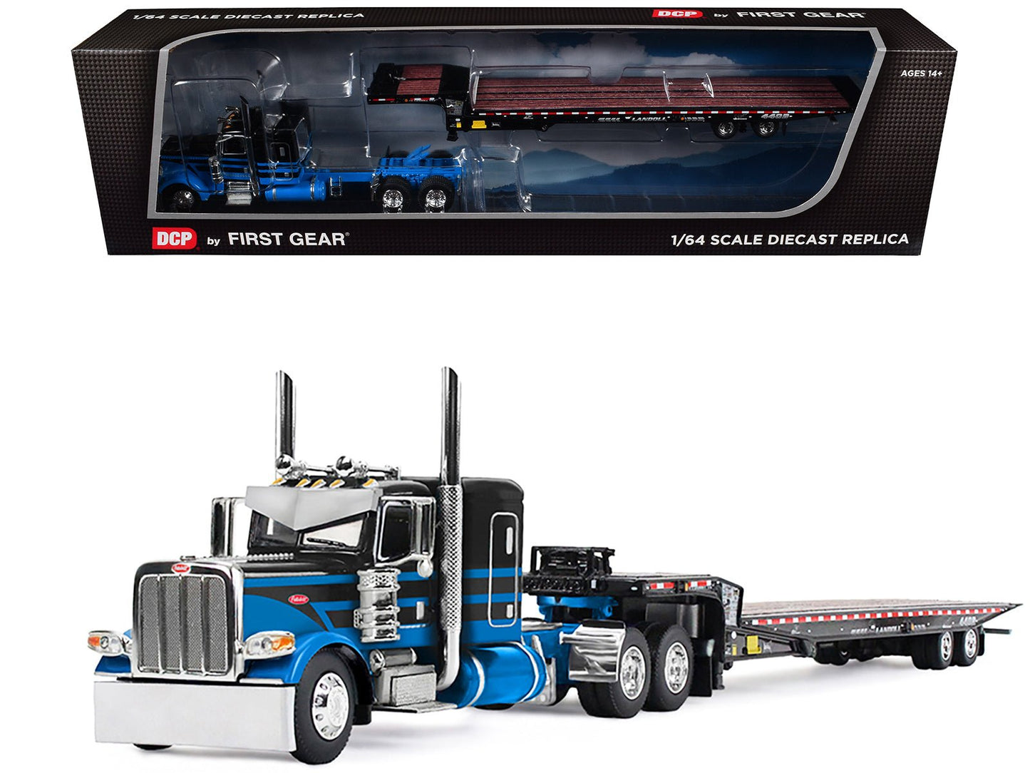 Peterbilt 389 with 48" Flat Top Sleeper and Landoll 440B-50CA Traveling Axle Trailer Black with Blue Stripes 1/64 Diecast Model by DCP/First Gear  free shipping USA