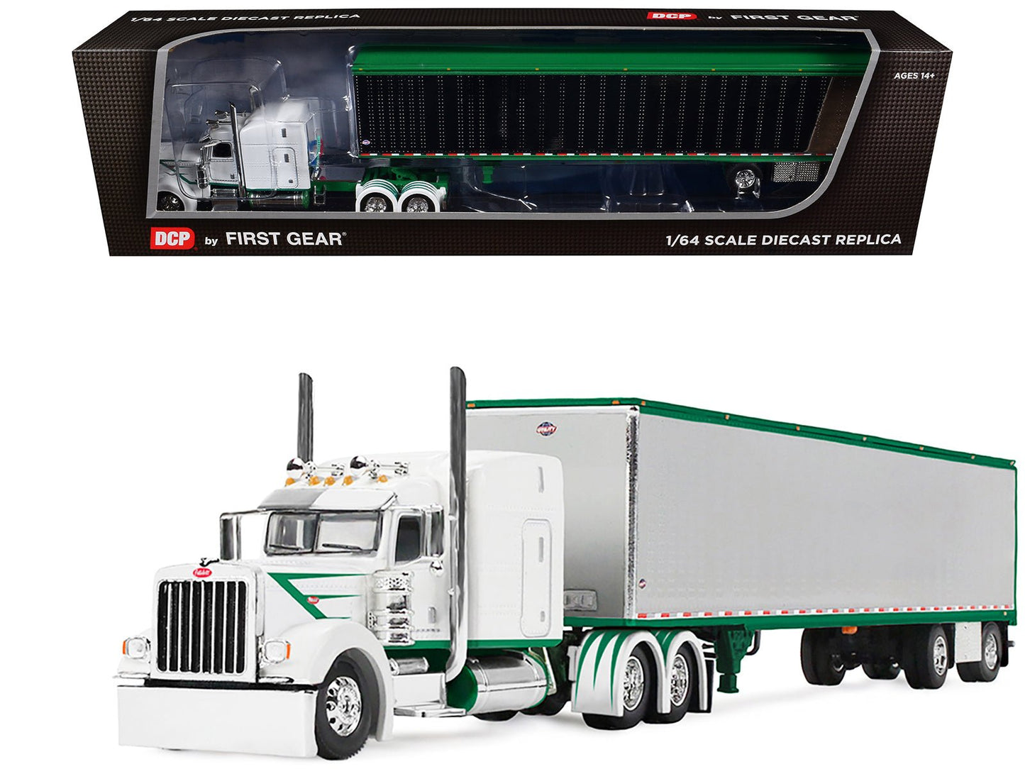 Peterbilt 389 with 63" Mid-Roof Sleeper and 53' Utility Trailer White with Green Stripes 1/64 Diecast Model by DCP/First Gear  free shipping USA