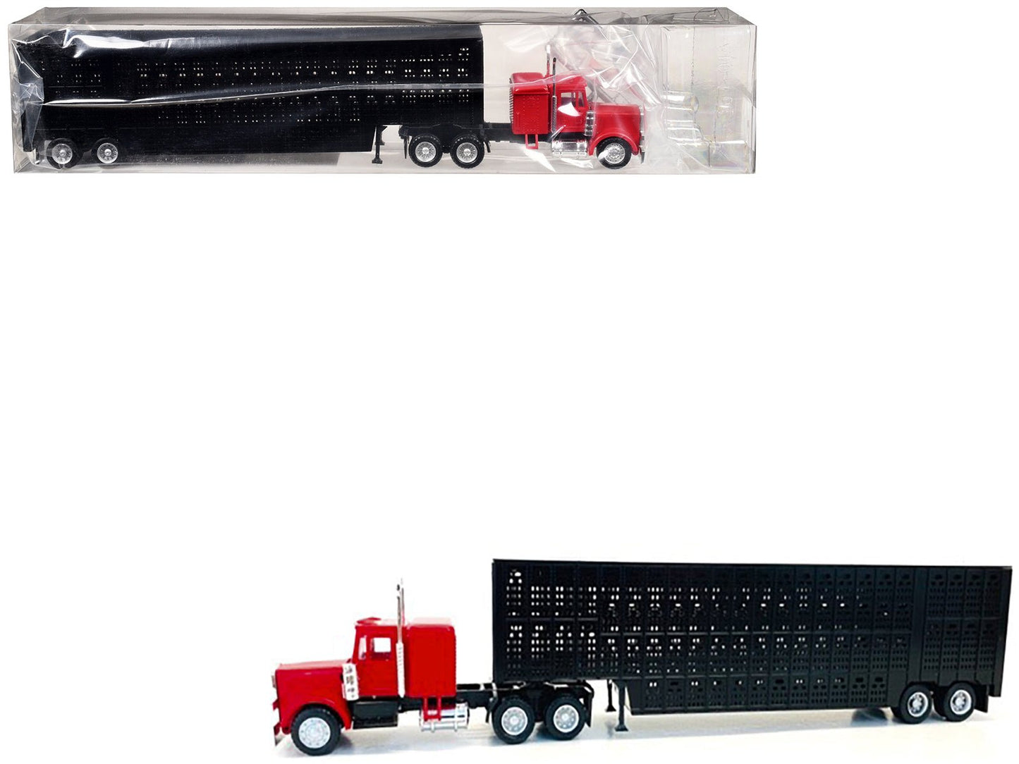 Peterbilt with Sleeper Cab Red with Black Livestock Trailer 1/87 (HO) Plastic Model Car by Promotex  free shipping USA