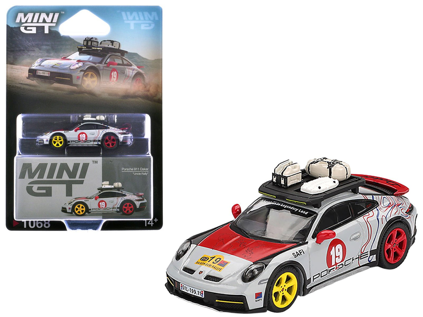 Porsche 911 Dakar #19 "Uncle Rally" Gray with Graphics and Roof Rack Limited Edition 1/64 Diecast Model Car by Mini GT  free shipping USA