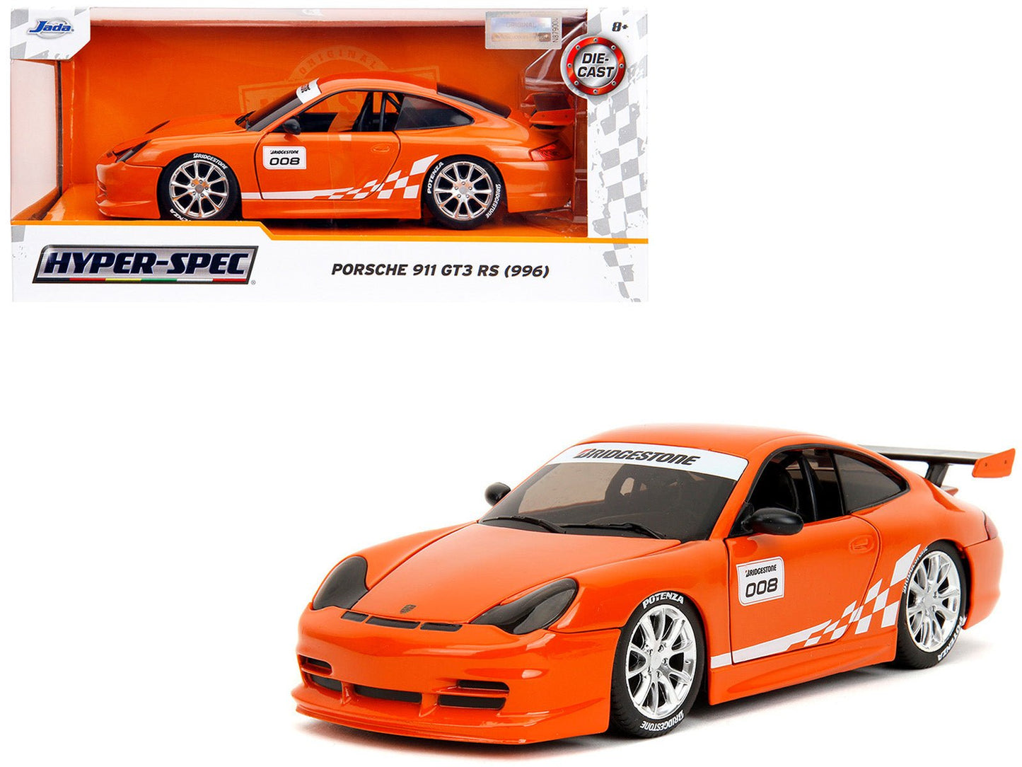 Porsche 911 GT3 RS (996) #008 "Bridgestone" Orange Metallic with White Graphics "Hyper-Spec" Series 1/24 Diecast Model Car by Jada  free shipping USA