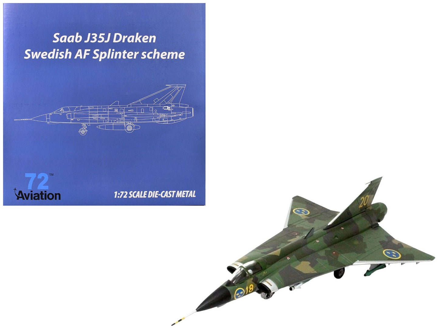Saab J35J Draken Fighter Aircraft "Splinter Camouflage Scheme F 18 Sodertorn Wing" (1972) Swedish Air Force 1/72 Diecast Model Airplane by Aviation 72  free shipping USA