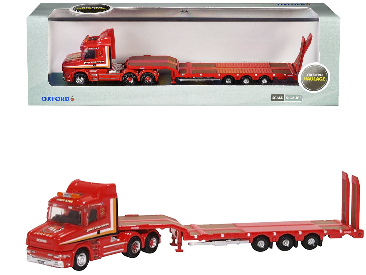 Scania T-Cab Truck RHD (Right Hand Drive) with Lowboy Trailer "Sandy Kydd" Red with Stripes 1/148 (N) Scale Diecast Model Car by Oxford Diecast  free shipping USA