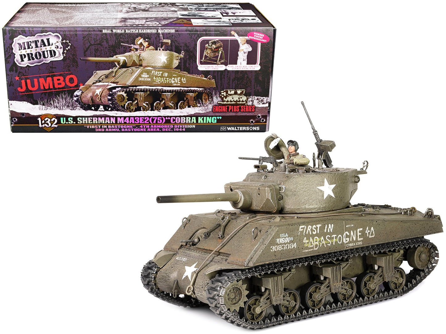 Sherman M4A3E2 (75) “Cobra King” Medium Tank “First in Bastogne” George Smith Patton’s 4th A.Div. 3rd Army Bastogne area (26 December 1944) "Engine Plus" Series 1/32 Diecast Model by Metal Proud  free shipping USA