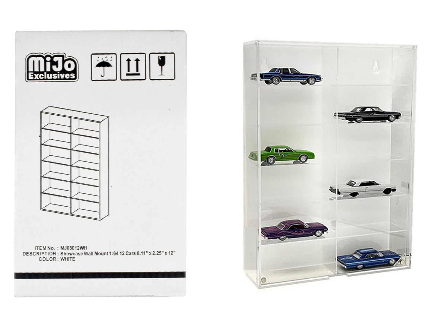 Showcase 12 Car Display Case Wall Mount with White Back Panel "Mijo Exclusives" for 1/64 Scale Models  free shipping USA