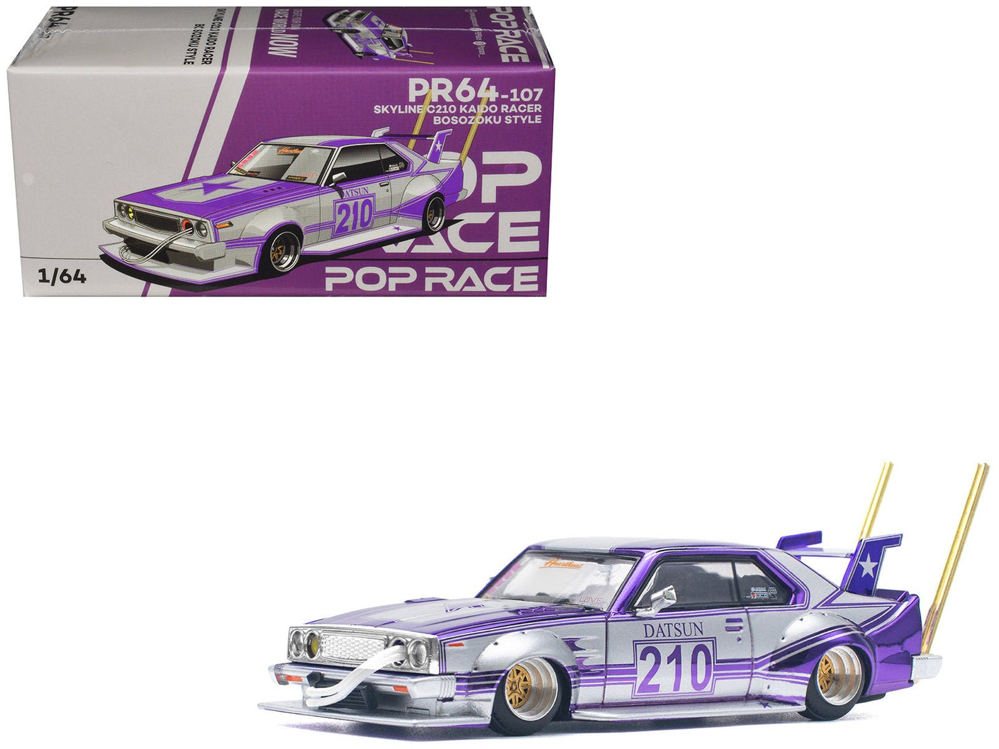 Skyline C210 Kaido Racer "Bosozoku Style" RHD (Right Hand Drive) #210 Purple and Silver 1/64 Diecast Model Car by Pop Race  free shipping USA