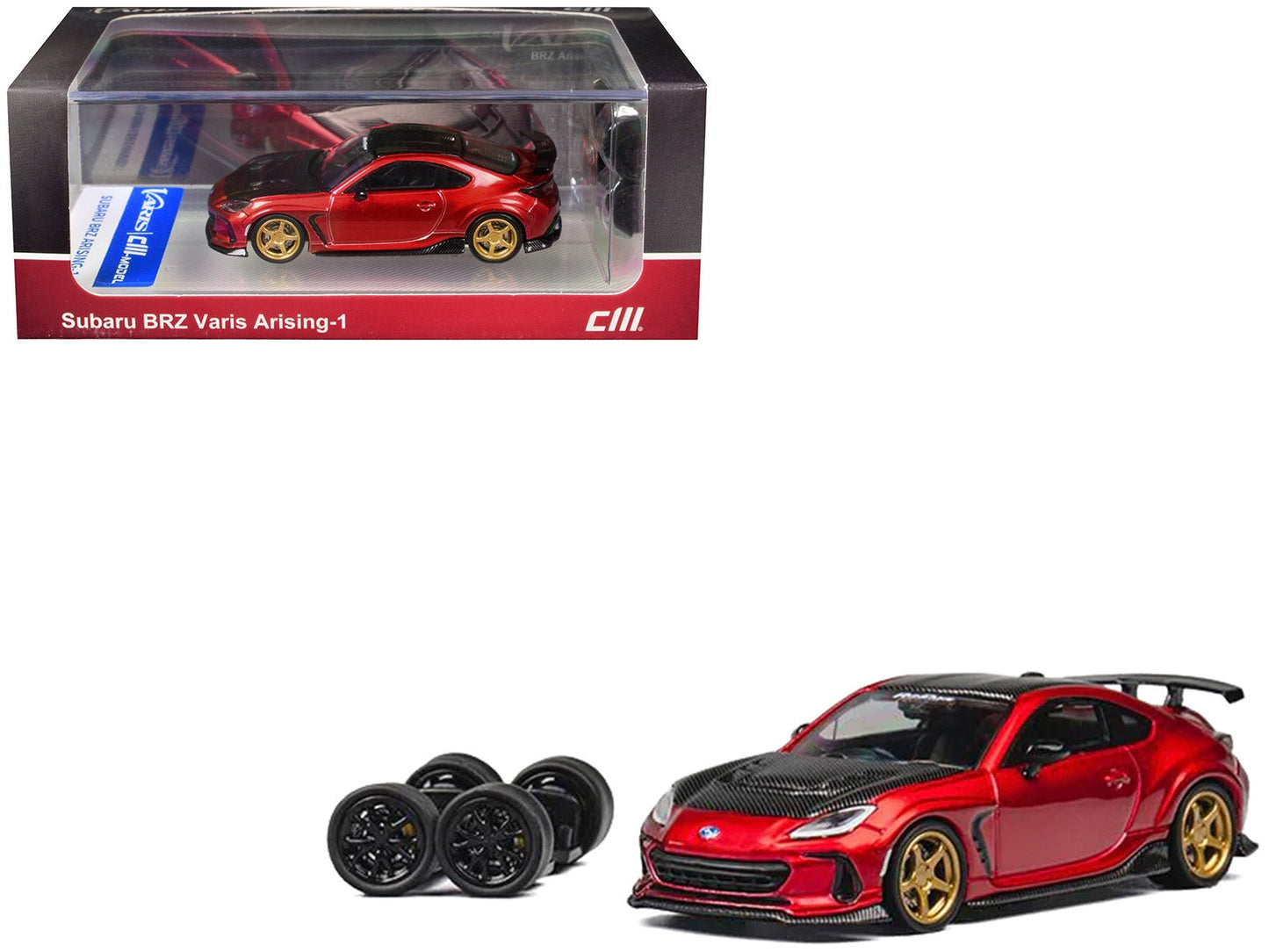 Subaru BRZ Varis Arising-1 RHD (Right Hand Drive) Red Metallic with Carbon Hood and Top and Extra Wheels 1/64 Diecast Model Car by CM Model  free shipping USA