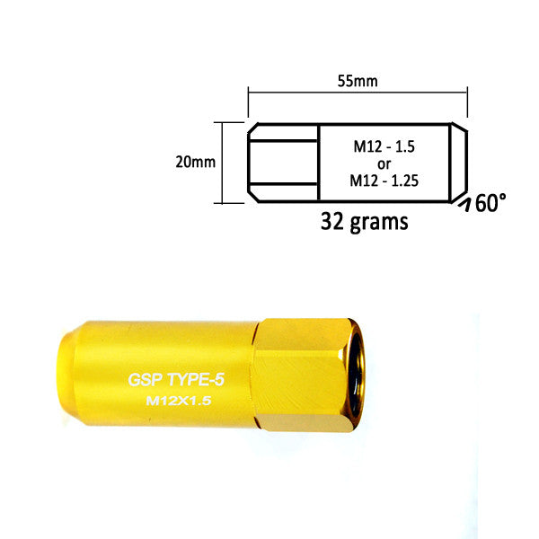 Godspeed Type 5 55mm Lug Nuts 20 pcs. Set M12 X 1.25