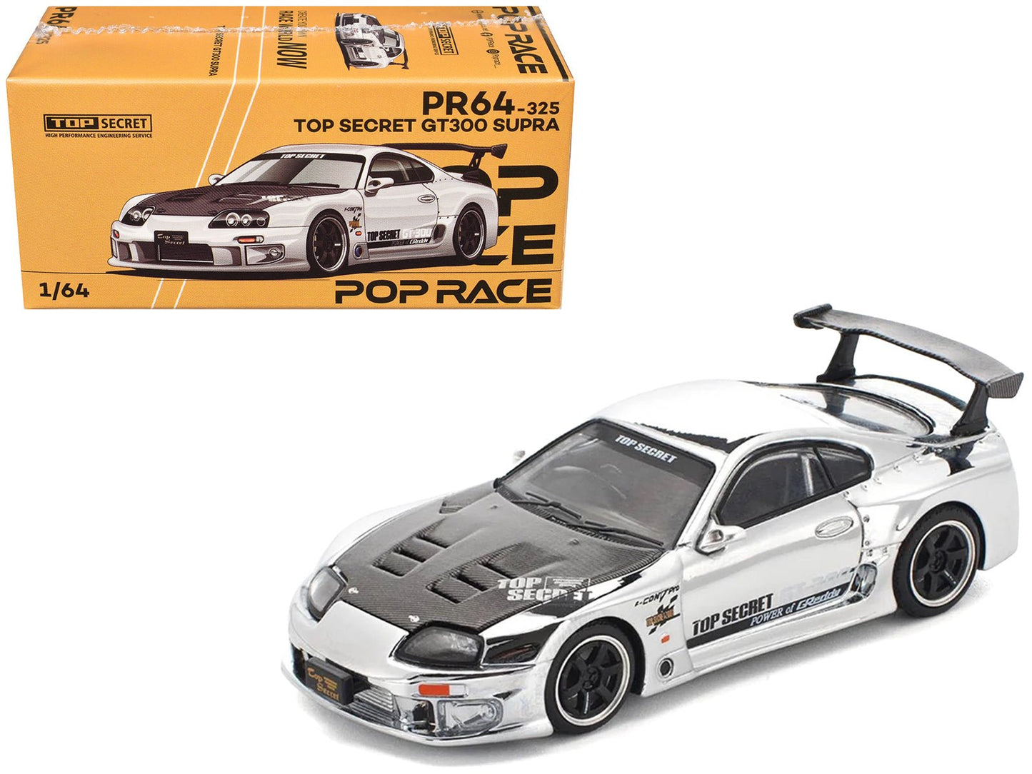 Toyota Supra "Top Secret" GT300 RHD (Right Hand Drive) Silver Chrome 1/64 Diecast Model Car by Pop Race  free shipping USA