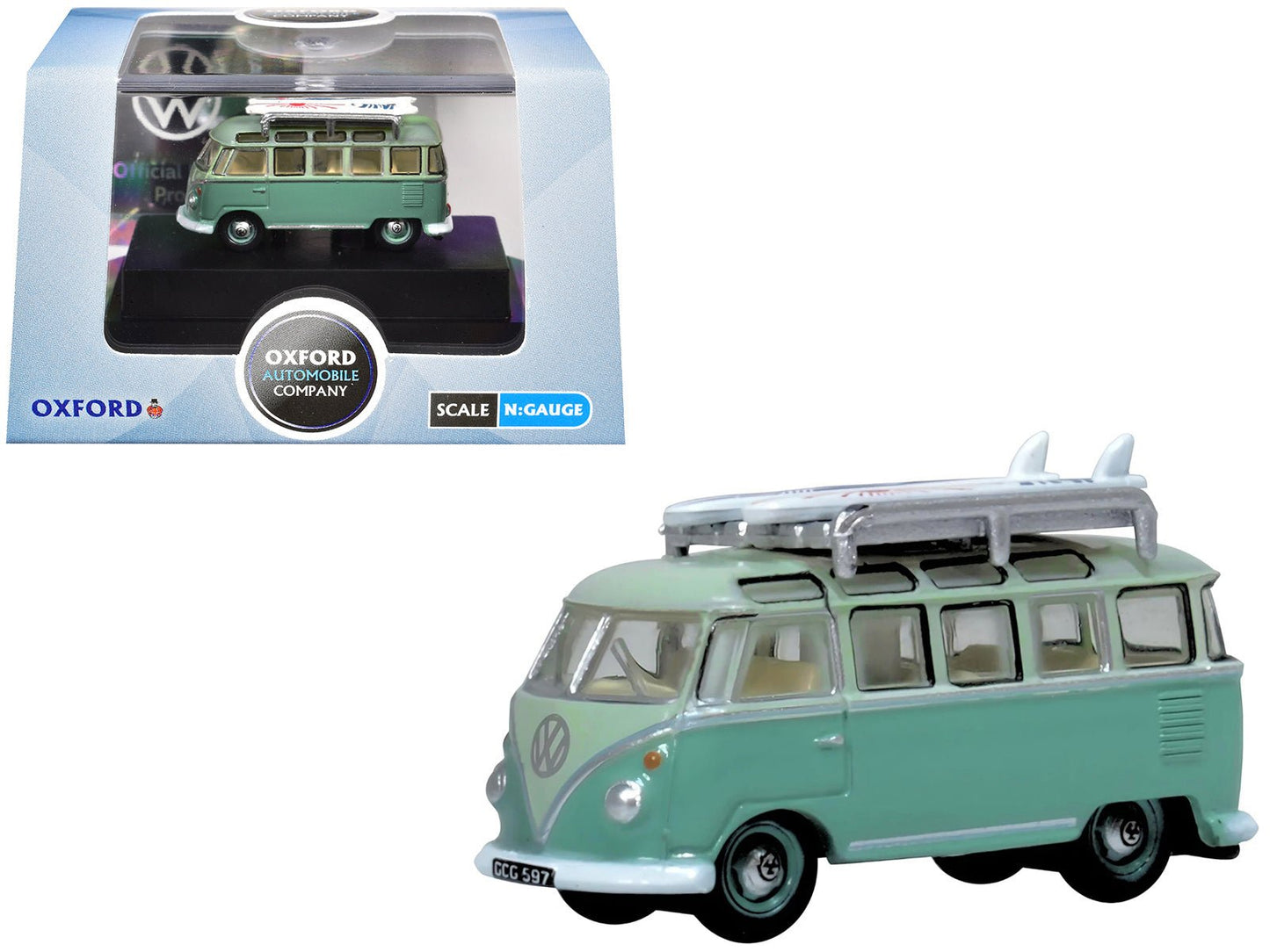 Volkswagen T1 Samba Bus RHD (Right Hand Drive) Green Two-Tone with Surfboards on Roof Rack 1/148 (N) Scale Diecast Model Car by Oxford Diecast  free shipping USA