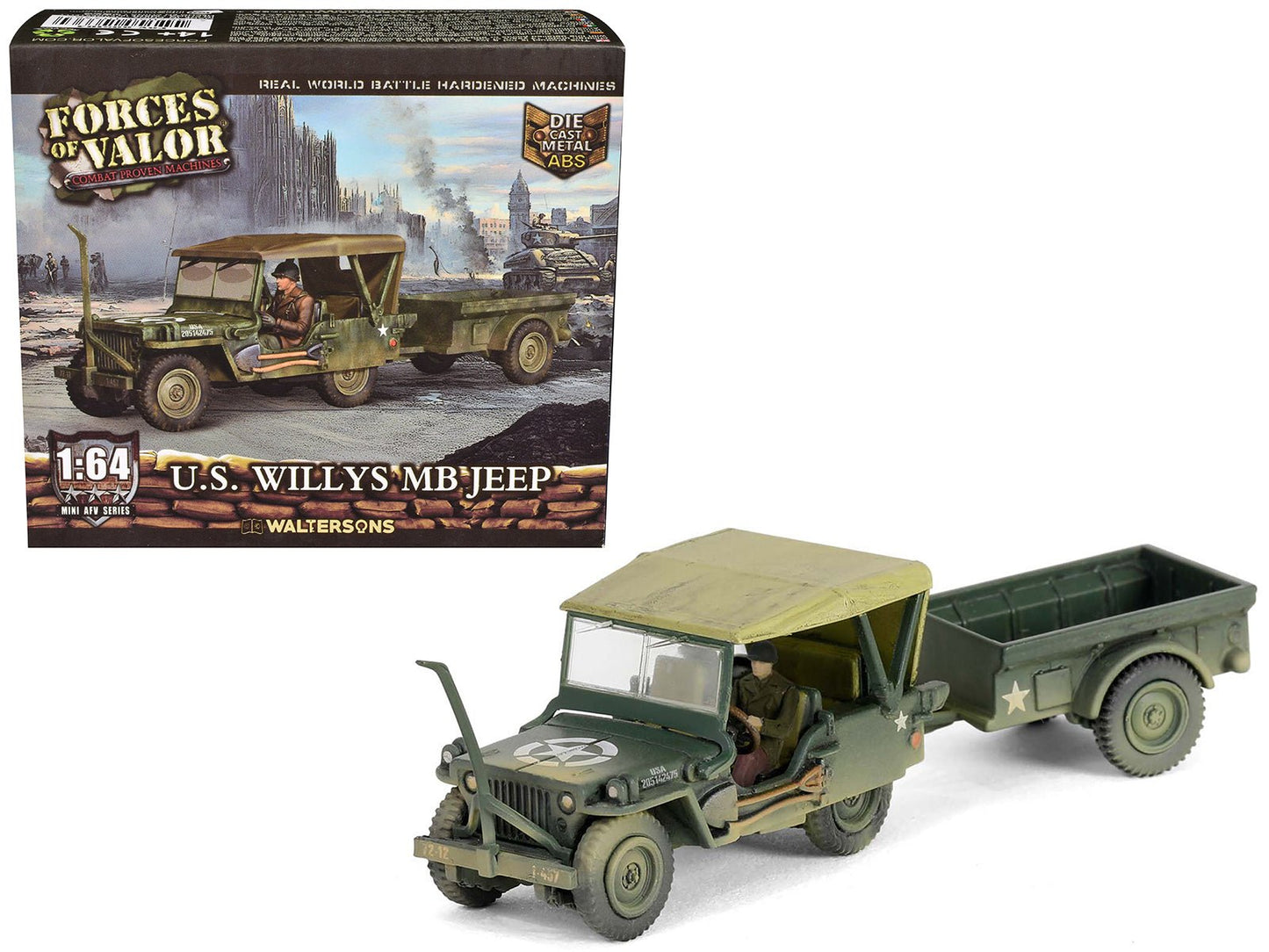 Willys MB Jeep with Trailer Olive Drab (Weathered) with Driver Figure "United States Army" "Mini AFV" Series 1/64 Diecast Model by Forces of Valor  free shipping USA