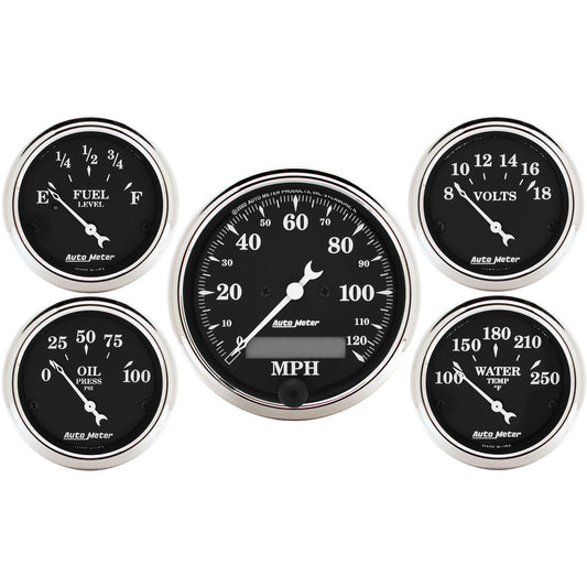 5 PC. GAUGE KIT 3-1/8 In. & 2-1/16 In.  ELEC. SPEEDOMETER OLD TYME BLACK